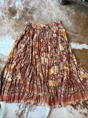 Spell Flowy Boho Floral Midi Skirt in Rust & Mustard